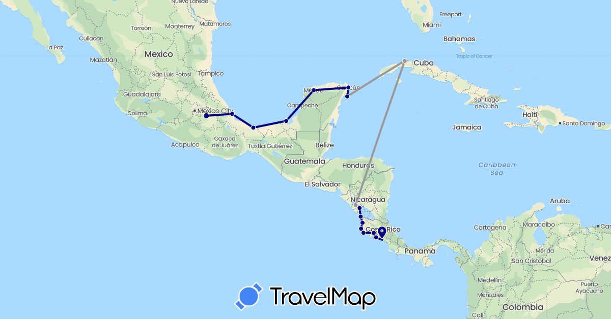 TravelMap itinerary: driving, plane in Costa Rica, Cuba, Mexico, Nicaragua (North America)